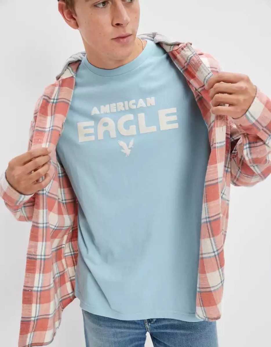 T Shirt Graphique American Eagle AE Super Soft Logo Bleu Clair Homme | DJK-66295661